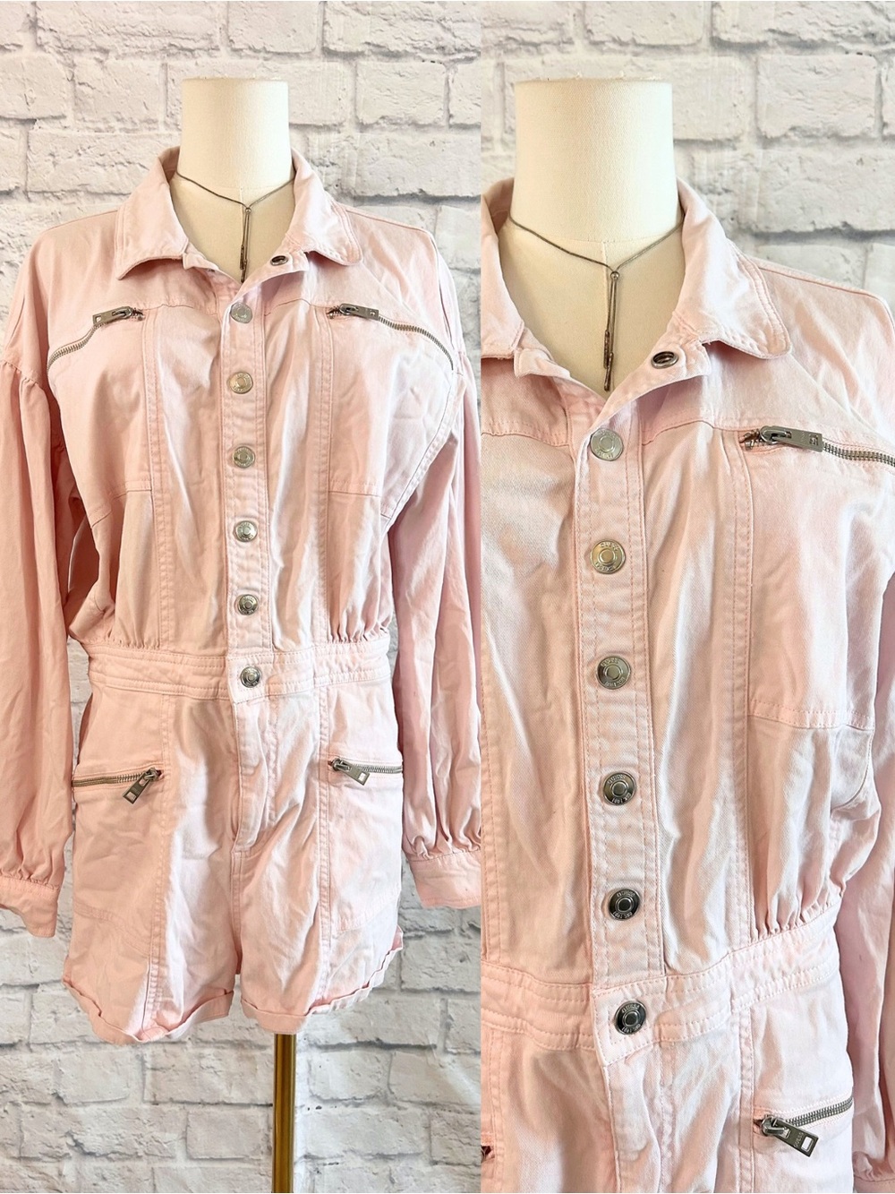 GUESS Pink Denim Jacket Romper Button-Front Silver Metal Zipper Accents 80s Vibe